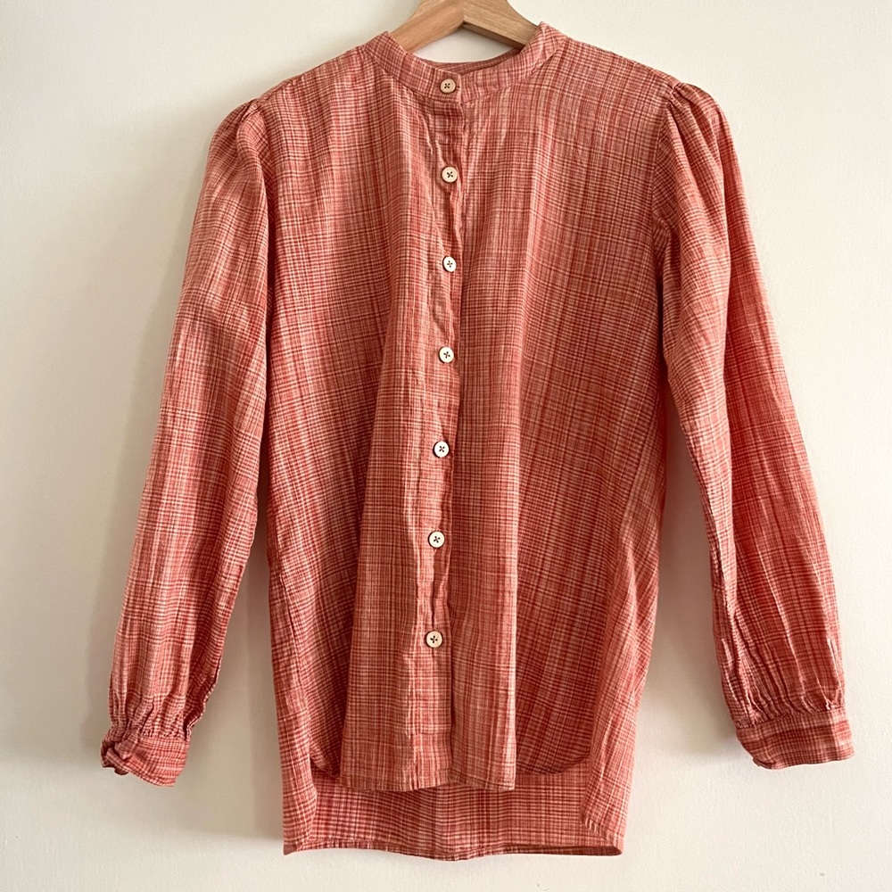 Evolverie Orange Gingham Button Down Long Sleeve 100% Cotton Boho Sustainable XS